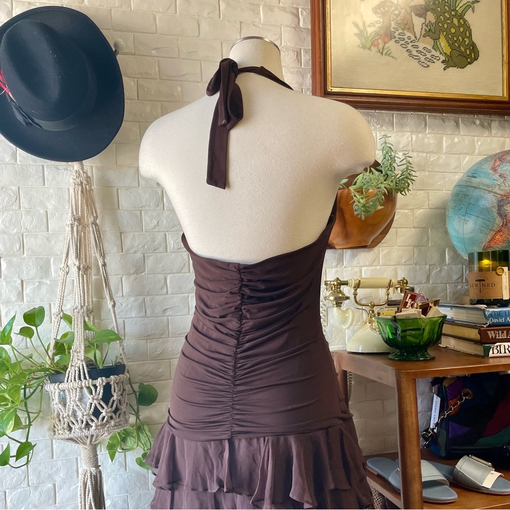 VTG Y2K BCBG MAXAZRIA Brown Ruched Halter Chiffon Ribbon Asymmetrical Dress - Picture 10 of 16
